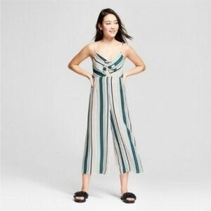 Xhiliration Teal Striped Wide Leg Cropped Jumpsuit Size Medium